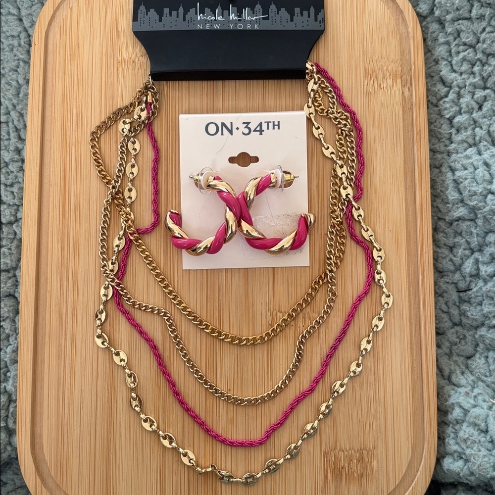 Brand New Gold Tone & Pink Multi-Chain Tier Necklace & Braided Hoop Earrings Set